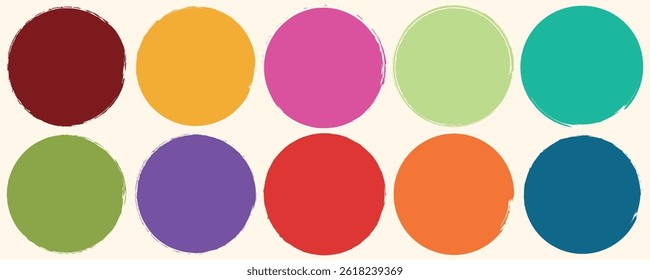 Set of grunge circles colorful shape, Vector brush circle. Grunge round shape. Round brush painted circle brush stamps. Vector illustration,