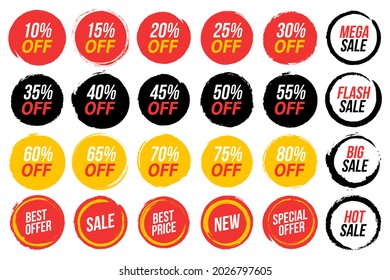 Set of grunge circles with discount for sale. Vector illustration