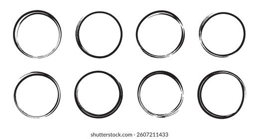 Set of grunge circles. Hand drawn circle line sketch set. Vector brush strokes circles of paint stamp with jagged edges. Isolated on white background. EPS 10.