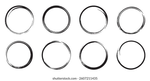 Set of grunge circles. Hand drawn circle line sketch set. Vector brush strokes circles of paint stamp with jagged edges. Isolated on white background. EPS 10.