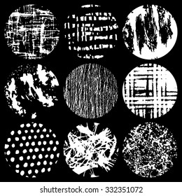 Set of grunge circles. Hand drawn isolated elements for graphic design. Vector illustration.Art frames or banner. Editable template.White shapes on a black background.