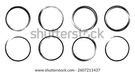 Set of grunge circles. Hand drawn circle line sketch set. Vector brush strokes circles of paint stamp with jagged edges. Isolated on white background. EPS 10.