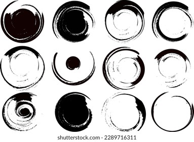 Set of grunge circles, Grunge round shapes, Abstract circular black ink splash background, Drawing of circular paint brush stroke effect