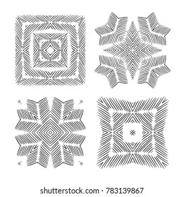 Set of grunge circular pattern. Black round hipster ornament on white background, isolated sketch design elements. Vector