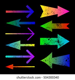 Set of grunge color arrows design  with carved ink  spots on black background vector illustration