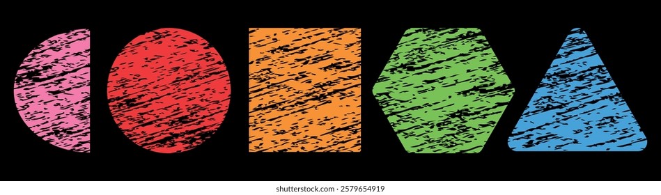 Set of grunge Color pencil texture Geometric shape icon set. Geometry object triangle, circle, square and rectangle. 