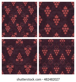 Set of grunge colorful seamless pattern of grapes. Vintage design for background, textile, paper packaging, wrapping paper, fabric, banner, invitation, card, certificate, menu. Vector illustration.
