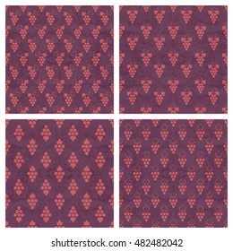 Set of grunge colorful seamless pattern of grapes. Vintage design for background, textile, paper packaging, wrapping paper, fabric, banner, invitation, card, certificate, menu. Vector illustration.