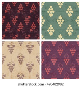 Set of grunge colorful seamless pattern of grapes. Vintage design for background, textile, paper packaging, wrapping paper, fabric, banner, invitation, card, certificate, menu. Vector illustration.