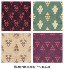 Set of grunge colorful seamless pattern of grapes. Vintage design for background, textile, paper packaging, wrapping paper, fabric, banner, invitation, card, certificate, menu. Vector illustration.