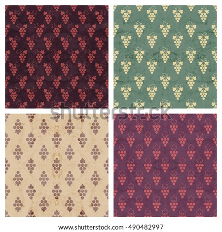 Set of grunge colorful seamless pattern of grapes. Vintage design for background, textile, paper packaging, wrapping paper, fabric, banner, invitation, card, certificate, menu. Vector illustration.
