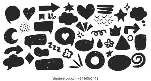 Set grunge comic elements arrows, speech bubble, cloud hearts, emotion elements jagged textured in doodle style isolated on white background.