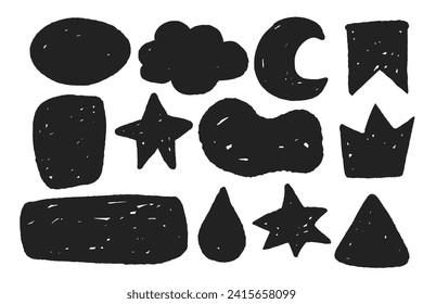 Set grunge comic elements text bloxes, speech bubble, stars, clous, moon jagged textured in doodle cartoon style isolated on white background.