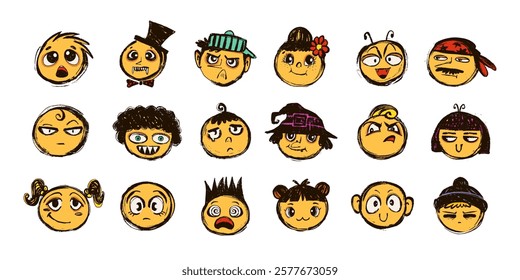 Set of Grunge Comic Smiley Faces With Funny Expressions. Unique doodle sticker head characters. Punk graffiti emoticons in hand drawn sketch style. Perfect emoji for social media