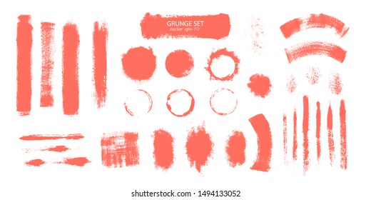 Set of grunge coral color stripes.Brush strokes vector.Textured labels, long banners.Design elements.