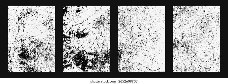 Conjunto de texturas de vetor rachado grunge - efeitos de angústia preto branco