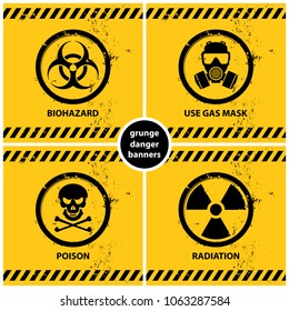 set of grunge danger banners containing four official international hazard symbols, eps10 vector illustration