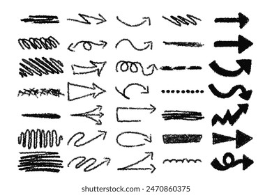 Set of grunge directional arrows, underlines, and squiggly lines isolated on white background. Hand written childish arrow pointers, crayon shapes, scribbles, doodle design elements. Vector.