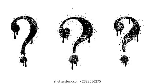 Set of grunge and dirty question marks. Spray painted graffiti question marks with flowing drops of paint. Black signs collection isolated on white background. Vector illustration