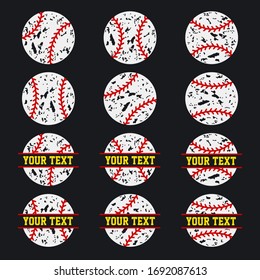 Set of grunge distressed white baseball balls with red stitches. Vector illustration with isolated elements. Bundle with split baseball balls
