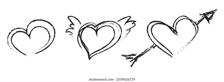 Set of grunge doodle hearts of different shapes. Hearts drawn with black ink lines. Vector outlines of the symbol of love and romance. For web design, simple vector for a postcard for Valentine's Day.
