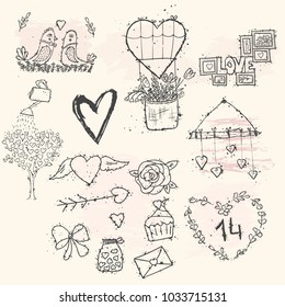 Set of grunge doodle romantic icons. Love vector