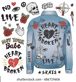 A set of grunge doodles and badges to draw or embroider on to fashion items like denim jackets. Vector illustrations.