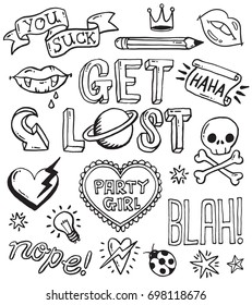 A set of grunge doodles and badges to draw or embroider on to fashion items like denim jackets. Vector illustrations.

