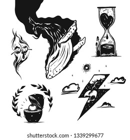 A set of grunge doodles and badges for tattoo