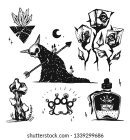 A set of grunge doodles and badges for tattoo