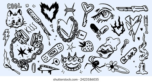 Set of grunge doodles and retro badges collage. Graffiti or tattoo hand drawn with marker, wax crayon or brush paint sticker or emblem. Groovy punk rock collection with emo, Gothic or magic elements.