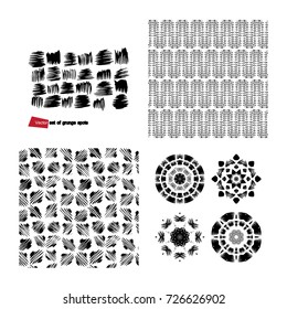 A set of grunge drawings. Destroyed design elements. Vector circular pattern, black and white graphics. Indian knitted pattern. Hipsters, boho, rustic mat