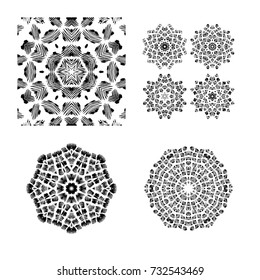 A set of grunge drawings. Destroyed design elements. Vector circular pattern, black and white graphics. Indian knitted pattern. Hipsters, boho, rustic mat