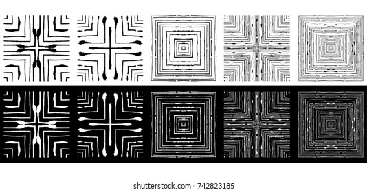 A set of grunge drawings. Destroyed design elements. Vector circular pattern, black and white graphics. Indian knitted pattern. Hipsters, boho, rustic mat