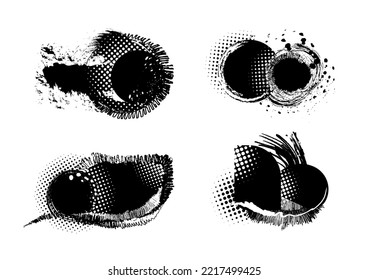 Set of grunge elements Paint stains black background, pixelated colors half halftone, Brush Strokes, Black and white ink, Frame for text. Vector illustration. for your product design or print media.