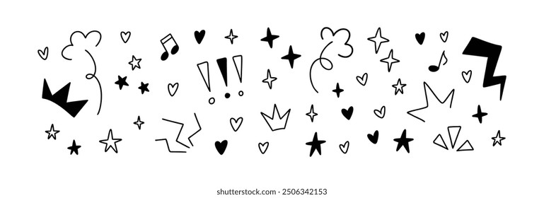 Set of grunge emo doodle elements. Handwriting hearts, stars, music notes, movement and motion expressions. Crayon pencil scribbles. Punk graffiti background