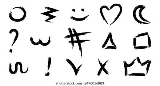 Set of grunge figures drawn brush. Vector illustration of crown, heart, question mark and exclamation mark doodles. Children's drawings of smile, check mark and lightning.