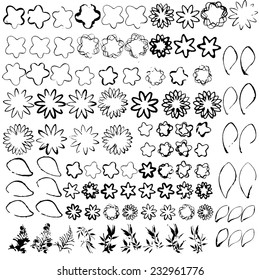Set of grunge flower shapes. Design elements. Vector, watercolor, ink brushes. Abstract retro and vintage background.  