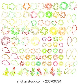 Set of grunge flower shapes. Design elements. Vector, watercolor, ink brushes. Abstract retro and vintage background.  