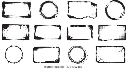 Set of grunge frame borders with brush stroke, ink splatter, cracked texture, circular and rectangular shapes isolated on light background vector collection