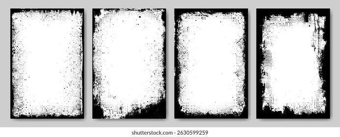 Set of grunge frame pattern with halftone texture and overlay paint brush stroke for social media business banner. Retro comic torn paper border or watercolor silhouette art for fashion photo collage.