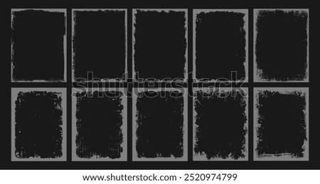 Set of grunge frame, torn paper silhouette or distressed vintage background with overlay texture and paint brush stroke for social media business banner. Grungy retro border pattern for photo collage.
