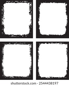 set of grunge frames, a black and white grunge photo frame of a square border, four square frames with black paint on them, 