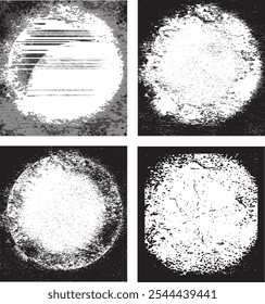  set of grunge frames, a black and white grunge photo frame of a round circle  border, four round frames with black paint on them, four different images of the moon and sun