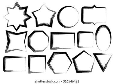The set from the set of grunge frames of different shapes in the form of a heart, star, square, circle, etc.