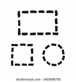 Set of grunge frames of dotted lines. Rectangle, square, circle drawn by hand with a rough brush. Sketch, paint, watercolor. Vector illustration.