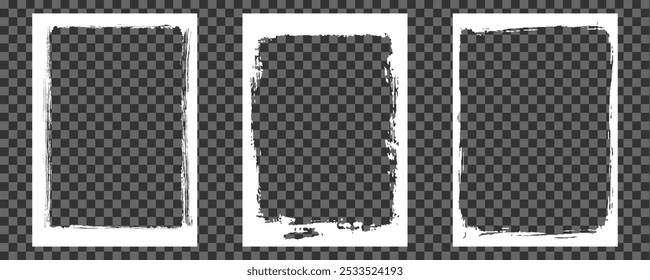 Conjunto de molduras do grunge para colagem de fotos. Modelo com traçado de pincel.  Borda de efeito de borda áspera antiga retangular para sobreposição de imagem. Ilustração vetorial