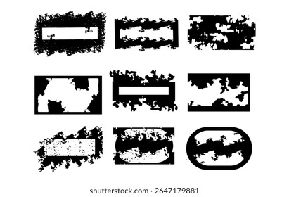 A set of grunge frames with rough, burned, and eroded edges. Perfect for posters, album covers, labels, and digital art. These high-contrast shapes add a raw, distressed look to any creative project.