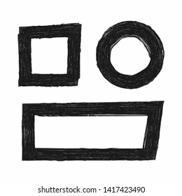 Set of grunge frames. Round, square, rectangular elements. Sketch, scratches, paint. Vector illustration.