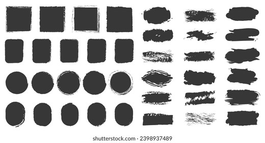 Set of grunge frames, stamps, squares, ovals, backgrounds, brushstrokes, decorative brushes, vector silhouettes, stickers, frames.